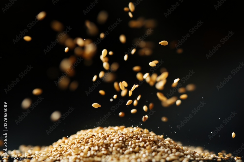 Poster sesame seeds falling gracefully onto a mound against a dark background in a culinary setting