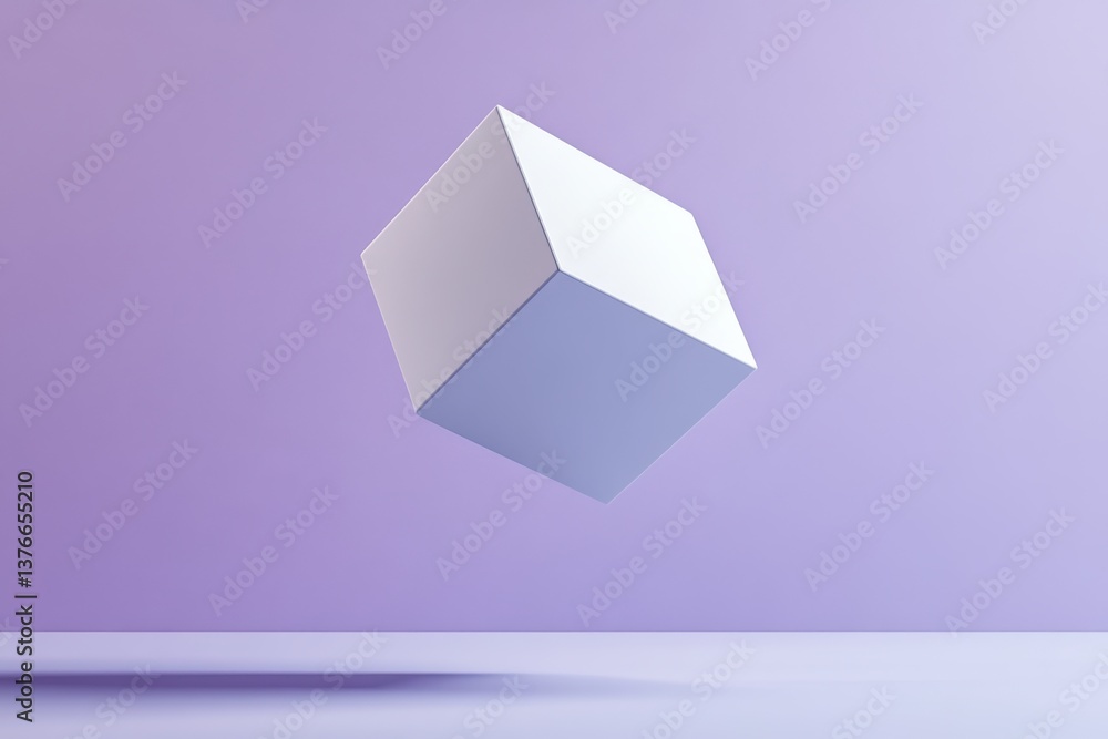 Poster Floating white cube against a soft purple background in a minimalistic digital art setting