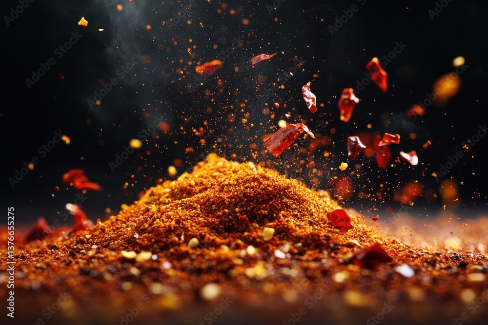 Poster spices and chili flakes creating an aromatic cloud in a kitchen setting during evening preparation