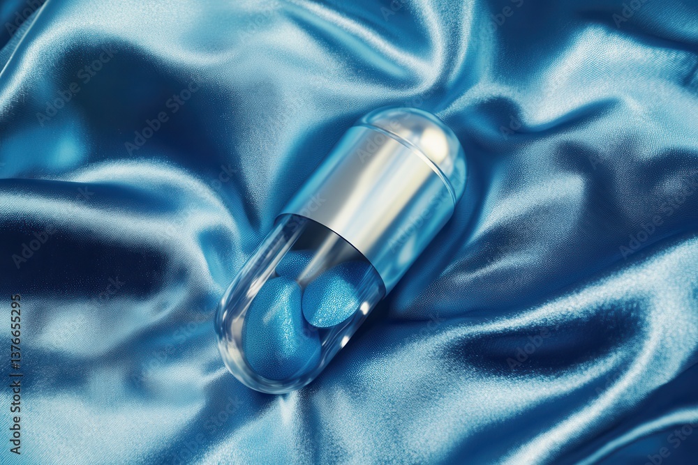 Aufkleber transparent capsule resting on smooth blue satin fabric, showcasing sleek design and reflection effe