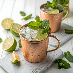 Moscow mule cocktail served with ice and lime slice on wooden table