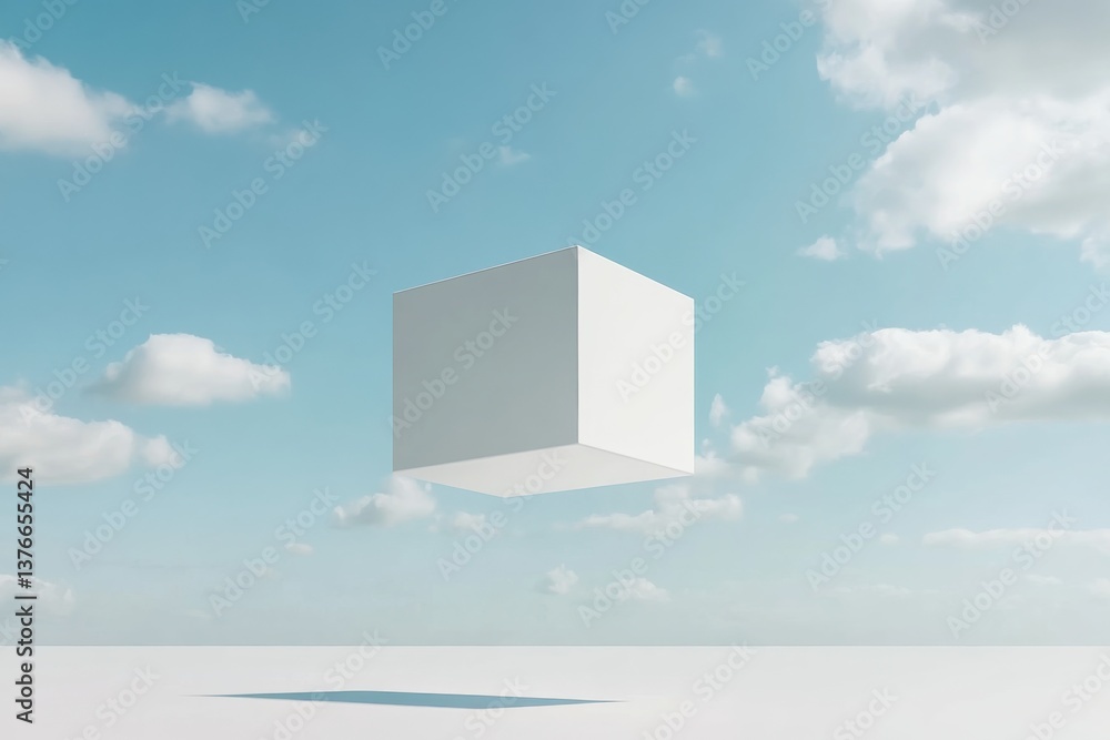 Poster Floating white cube in a serene sky with clouds during daylight