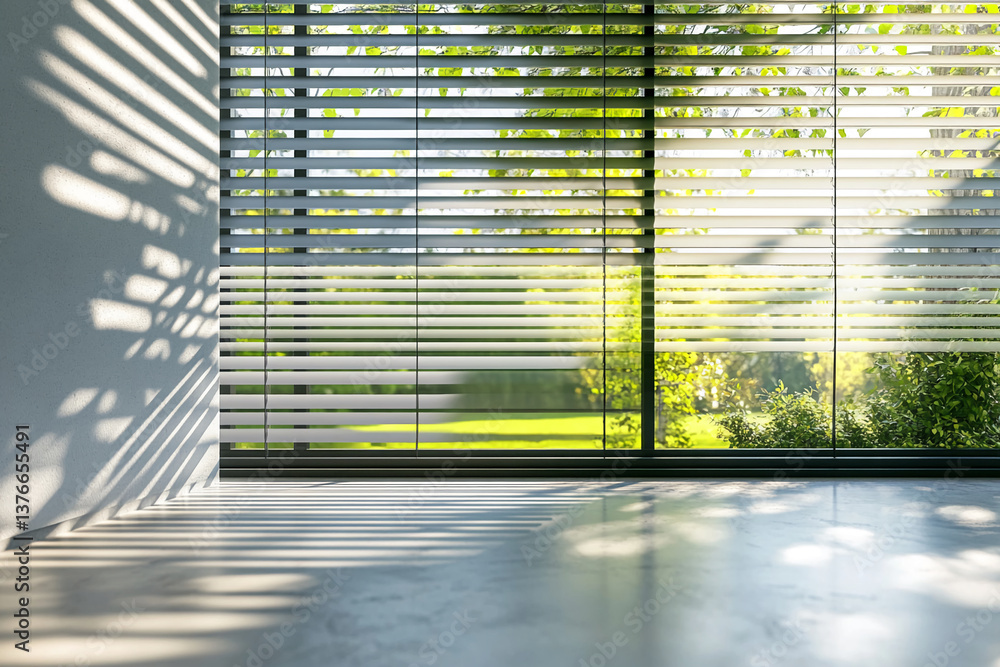 Poster Sunlight streams through white window blinds, casting patterned shadows on a light gray floor.  Image showcases serenity and modern interior design, ideal for home decor or architectural concepts