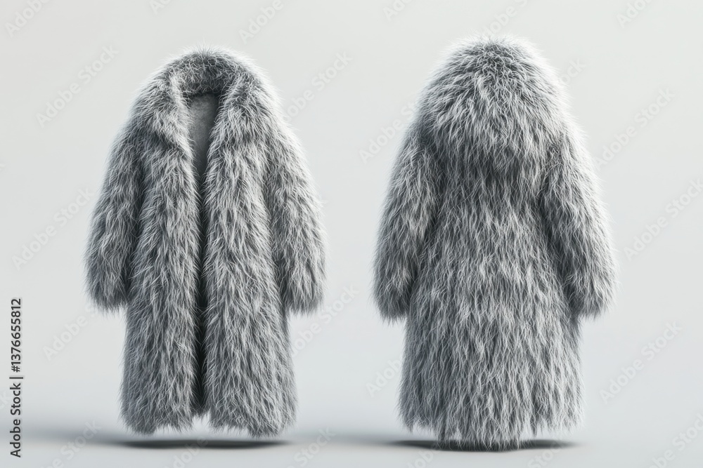 Poster stylish oversized grey fur coat on display with full view of front and back on a neutral background 