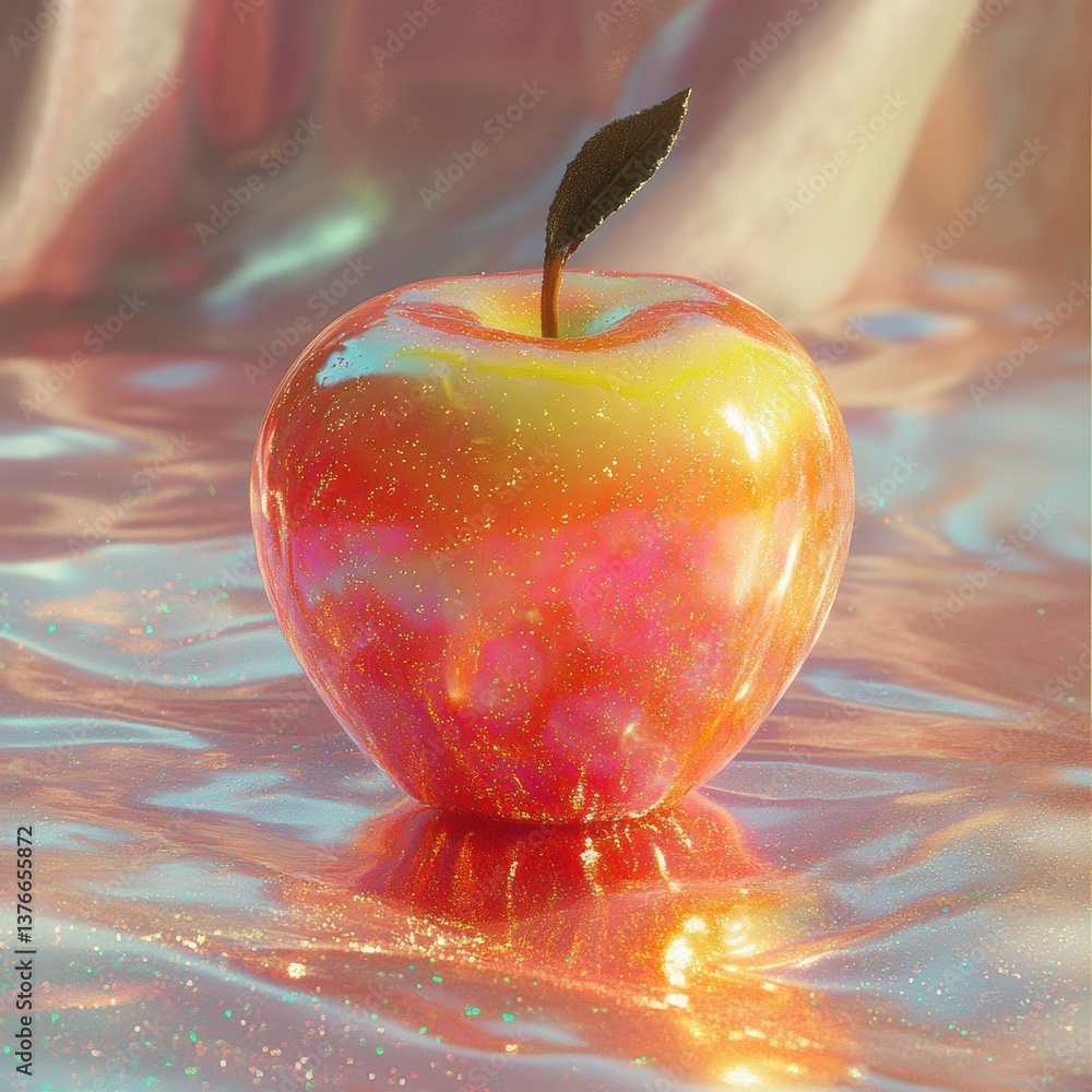 Poster brightly colored apple with shimmering surface and green leaf against a reflective background genera
