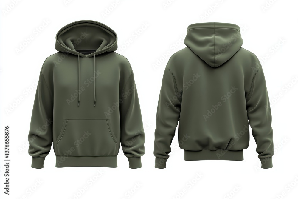 Poster stylish green hoodie displayed from front and back views showcasing modern design and versatile fash