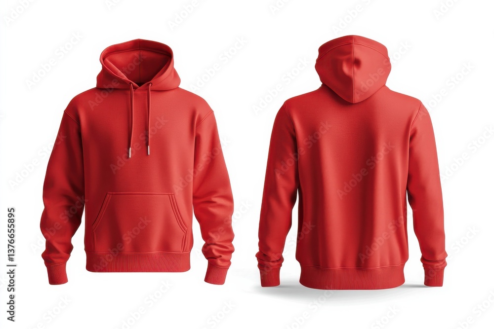 Poster red hooded sweatshirt displayed from front and back on a plain white background for clothing showcas