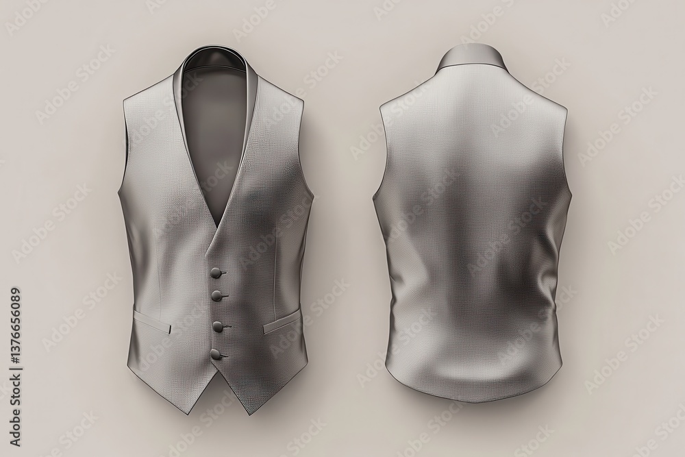 Poster elegant gray waistcoat displayed from front and back angles, showcasing fine fabric and classic desi