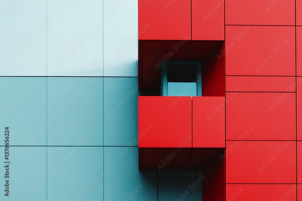 Poster an abstract view of a building's facade with geometric shapes and vibrant colors. the interplay of r