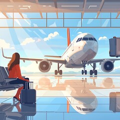Fototapeta premium Woman awaits flight at airport.