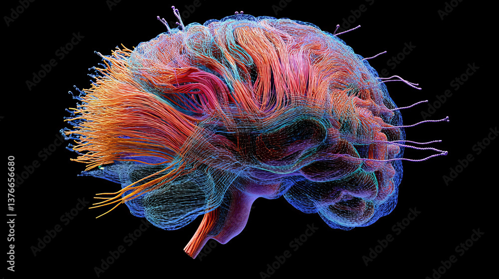 Aufkleber inside, data processing. brain under microscope 3d illustration. neural connections, neural network,