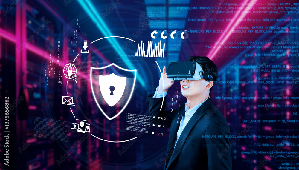 Poster business man looking at security system hologram and standing at data center. skilled project manage