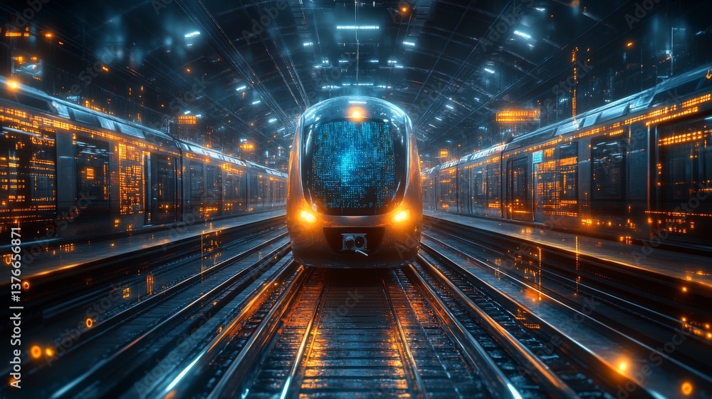 Poster An autonomous smart train moves towards a modern station illuminated by intricate lighting, showcasing advanced logistics and transportation technology, emphasizing automation and mobility.