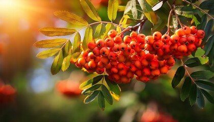 sorbus aucuparia rowan berries on branch closeup selective focus