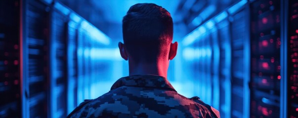 Young man in military uniform faces endless rows of illuminated server cabinets in a dark data center, partial shoulder visible. Blurred foreground space for text or graphics. High-tech security theme