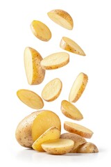 Obraz premium Sliced Potatoes in Mid-Air Against a White Background Generative AI