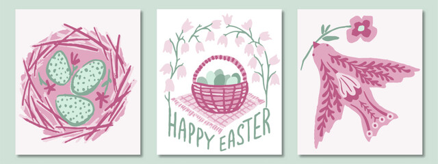 Easter cards in green and pink palette. Spring bird with a flower in its beak, basket with eggs, bellflowers, nest with eggs