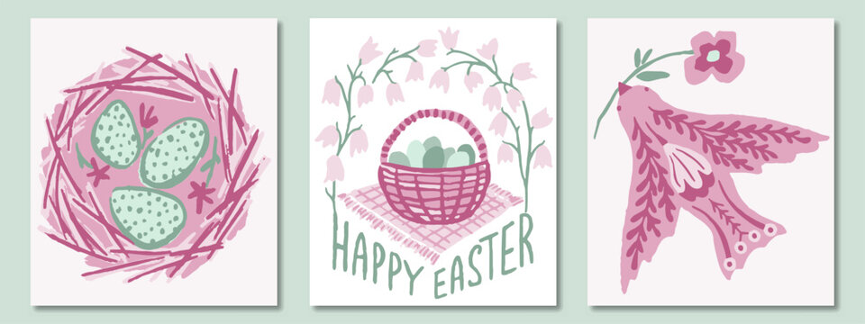 Easter cards in green and pink palette. Spring bird with a flower in its beak, basket with eggs, bellflowers, nest with eggs