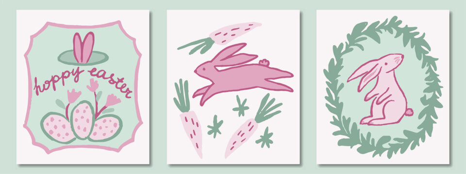 Set of three Easter cards in pink and green palette. Bunnies, eggs, carrots, flowers, frames