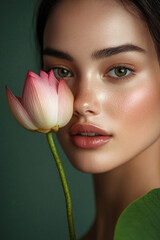 close up portrait of Fashion woman with beautiful skin, natural. green background, pink lotus