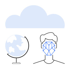 Cloud above globe and face with geometric pattern highlighting AI, connectivity, and data security. Ideal for technology, AI, cloud computing, globalization, innovation, biometrics privacy themes