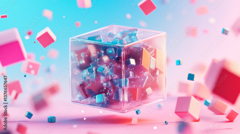 Aufkleber cube of composite elements, blockchain space, data array, pink banner, business poster, digital data