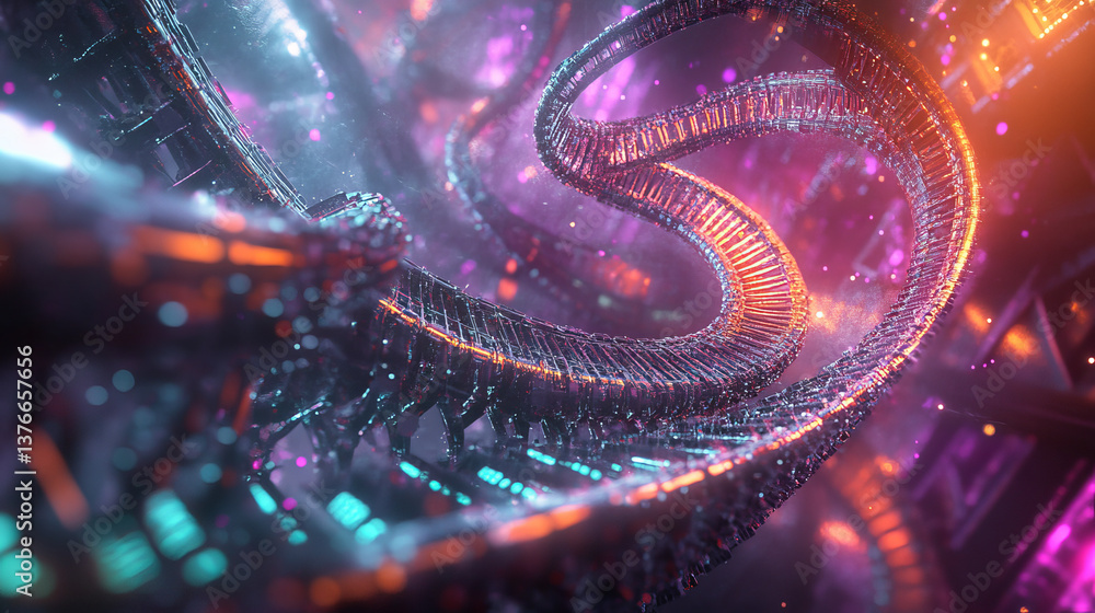 Poster coding synthetic dna helix. nanotechnology and medical research. stream of binary code in cyberspace