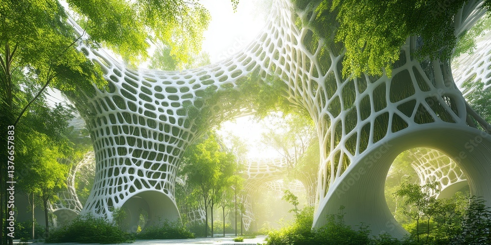 Poster modern architectural oasis: futuristic structures blend seamlessly with nature, forming an architect