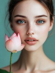 close up portrait of Fashion woman with beautiful skin, natural. green background, pink lotus