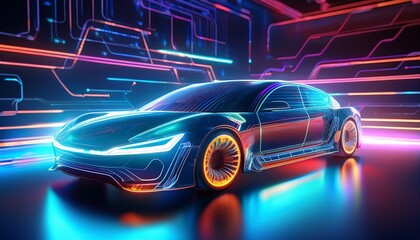 car is shown in the background with glowing lines and neon light effects creating an atmosphere of futuristic technology