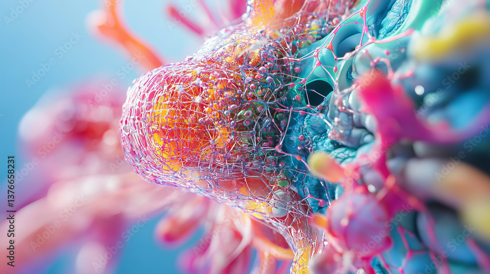 Poster neural network in a synthetic organism. nanotechnology and networking. fantastic macrocosm. abstract