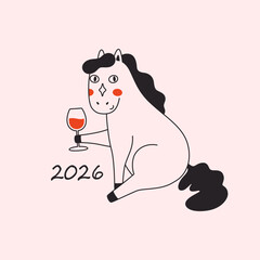 Cute cartoon groovy horse with wine glass. Year of the Horse 2026. Print design with animal for greeting cards, posters, banners. Vector illustration in flat style