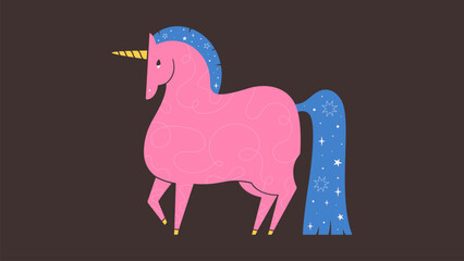 Cute pink unicorn. Fairytale funny whimsical groovy horse. Print design for greeting cards, posters, banners. Year of the Horse. Vector illustration in flat style