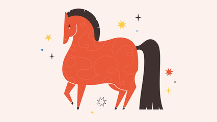 Vector illustration with cute horse. Print design with animal for greeting cards, posters, banners. Year of the Horse. Happy Chinese New year