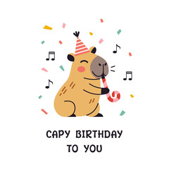 Vector capy birthday greeting card. Poster with cute capybara in flat design. Festive postcard. Greeting card illustration with happy capybara.