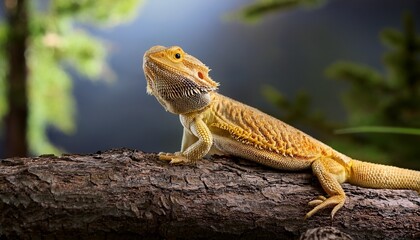 yellow bearded dragon on log in forest