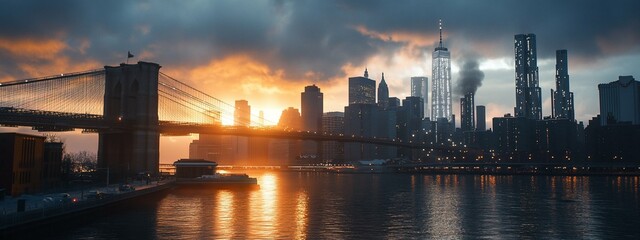 NYC Skyline Sunset Bridge View  suitable for digital content
