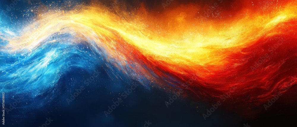 Poster fiery orange and cool blue abstract swirls collide, creating a dynamic visual contrast of intense he