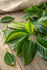 Obraz premium Fresh Green Tea Leaves on Wooden Surface With Natural Lighting Generative AI