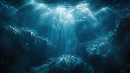 Underwater scene, bird perched, coral reef, sunlight beams