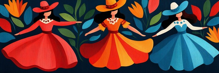 Cinco de Mayo, Three Women in Colorful Dresses Dancing Amidst Vibrant Flowers A Delightful Illustration of Feminine Grace and Floral Beauty