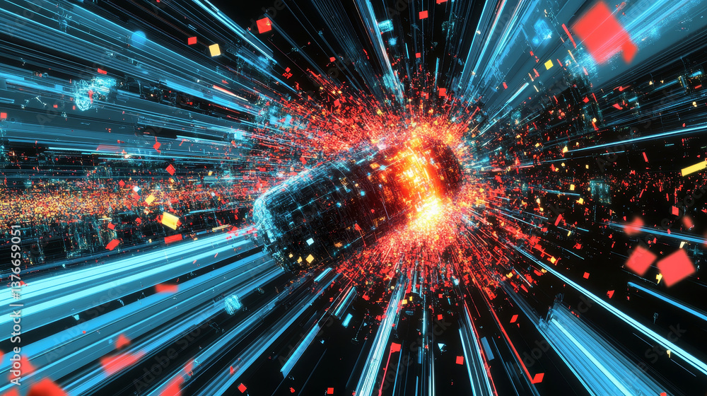Poster information blocks in the data stream. big data concept. quantum computer. nanotechnology of the fut