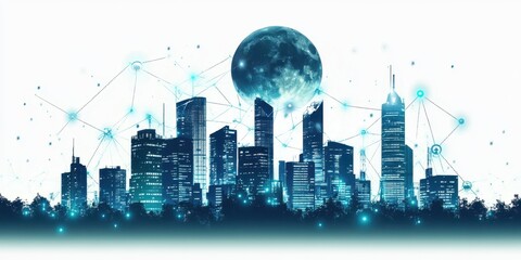 Fototapeta premium Cityscape of the Future: A digitally rendered image depicts a modern city skyline illuminated by vibrant blue lights, with a prominent moon in the background.