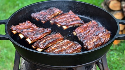Juicy Barbecued Ribs Sizzling in a Cast-Iron Skillet Outdoors
