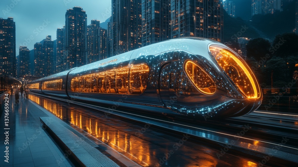Fototapete a sleek, futuristic smarttrain waits at a high tech transit station illuminated by city lights, show