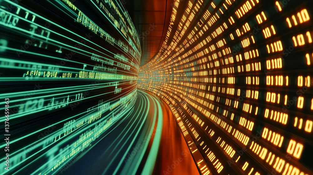 Poster information loop, encoded data, data stream 3d illustration. linear waves in cyberspace. electrical 