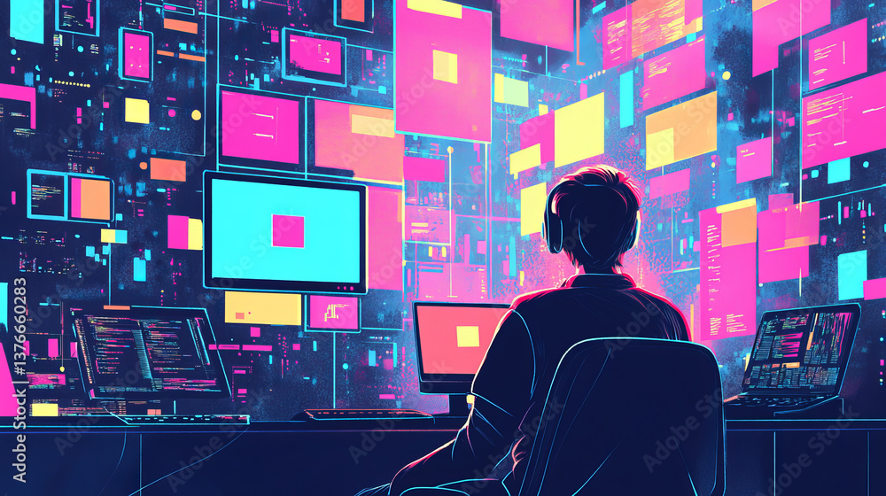 Poster cyberdata flow. blockchain data fields. cyberspace. digital generation, electronic field, processed 