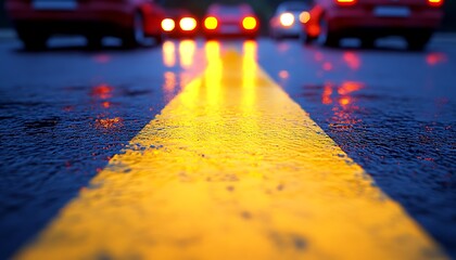 Wet road with night traffic, and yellow line.