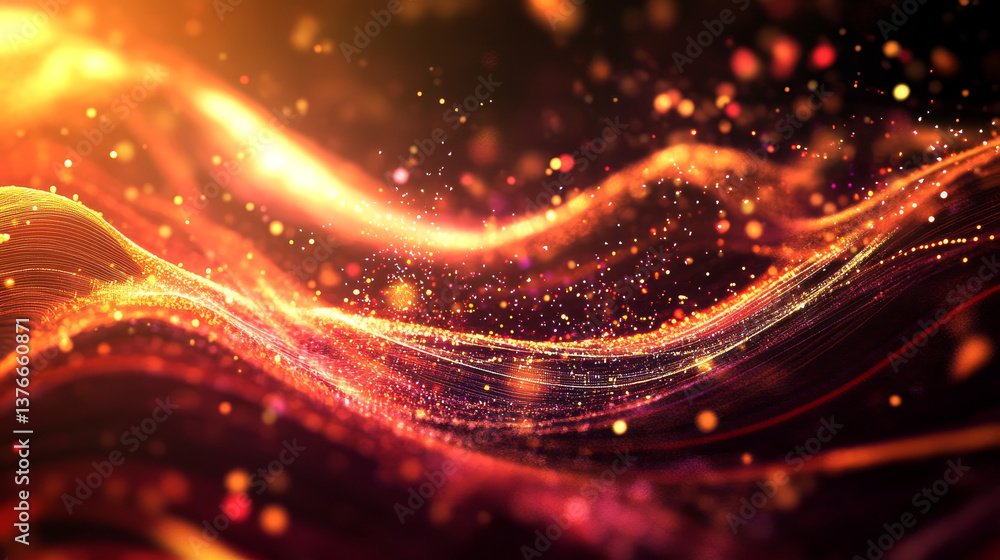 Poster information waves, analytics data, field of successive points, data flow, neon light, cyber structur