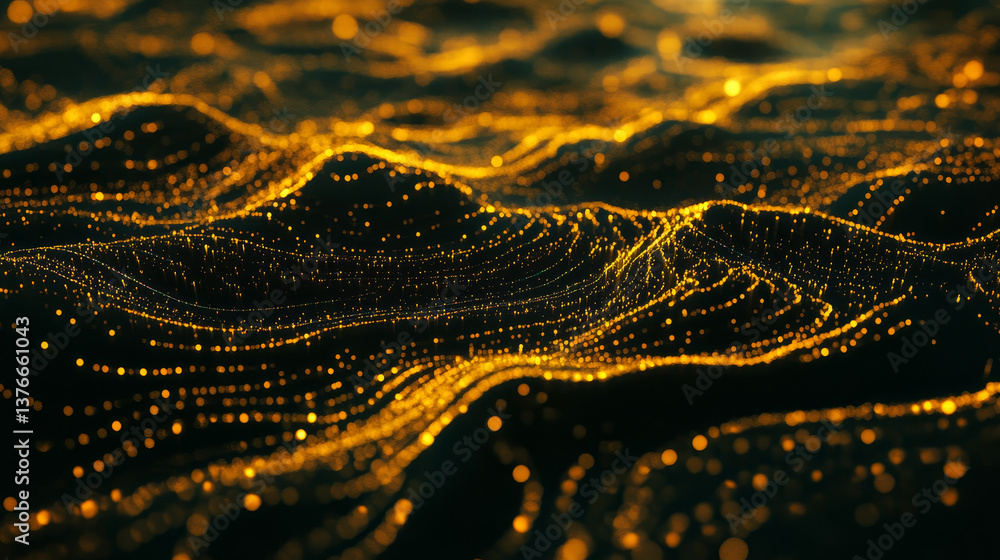 Poster information waves, analytics data, field of successive points, data flow, neon light, cyber structur